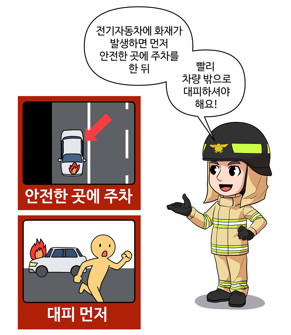 소방관 : 전기자동차에 화재가 발생하면 먼저 안전한 곳에 주차를 한 뒤 빨리 차량 밖으로 대피하셔야해요!
- 안전한 곳에 주차 - 대피 먼저