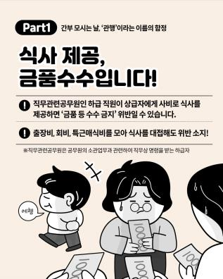 Part 1 간부 모시는 날, '관행'이라는 이름의 함정
식사 제공, 금품수수입니다!
직무관련공무원인 하급 직원이 상급자에게 사비로 식사를 제공하면 ‘금품 등 수수 금지’ 위반일 수 있습니다.
출장비, 회비, 특근매식비를 모아 식사를 대접해도 위반 소지!
※직무관련공무원은 공무원의 소관업무와 관련하여 직무상 명령을 받는 하급자